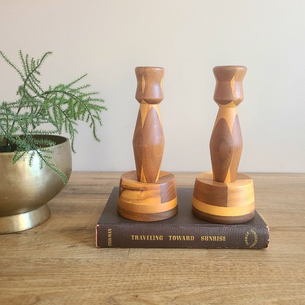Handcrafted in Calgary Alberta pair of wooden candleholders.